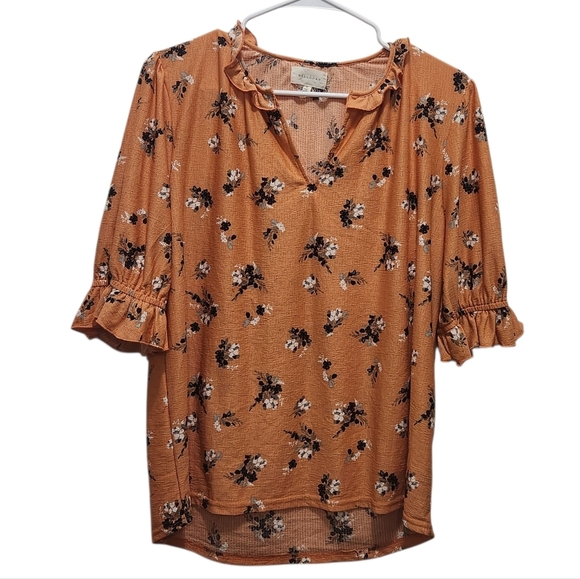 MELLODAY Tops - MELLODAY Orange with Black Floral Ruffle Neck Puff Sleeve Blouse Size M Office